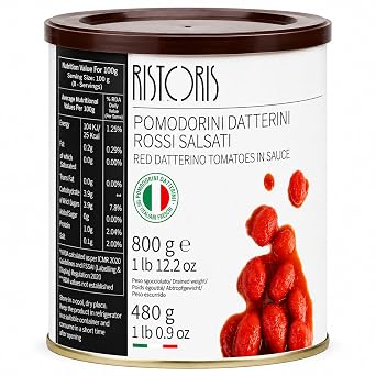Ristoris Red Whole Italian Datterino Tomatoes in Tomato Sauce  Naturally Sweet Gourmet Cherry Tomatoes in Rich Tomato Juice  Ideal for Pizza Pasta Bruschetta & Mediterranean Recipes, 28.22 oz  800 g